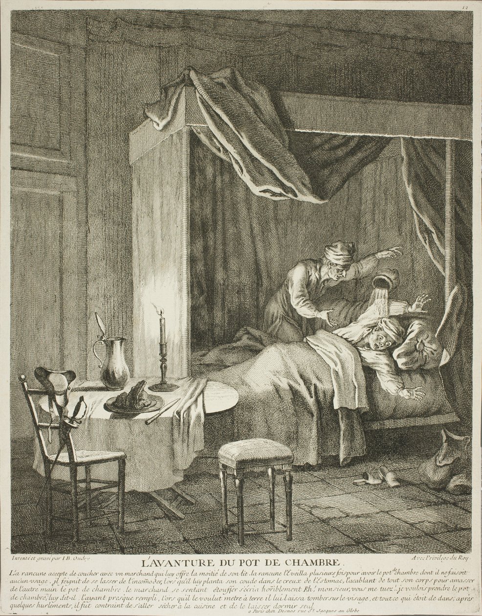 Het avontuur van de kamerpot, plaat vier uit Scènes du Roman Comique door Jean Baptiste Oudry