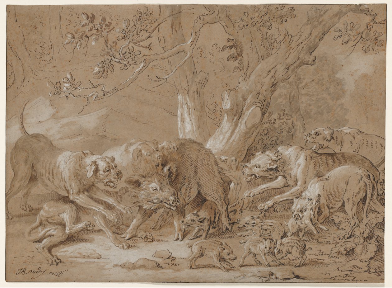 Wilde zeug en haar jongen aangevallen door honden, 1748 door Jean-Baptiste Oudry