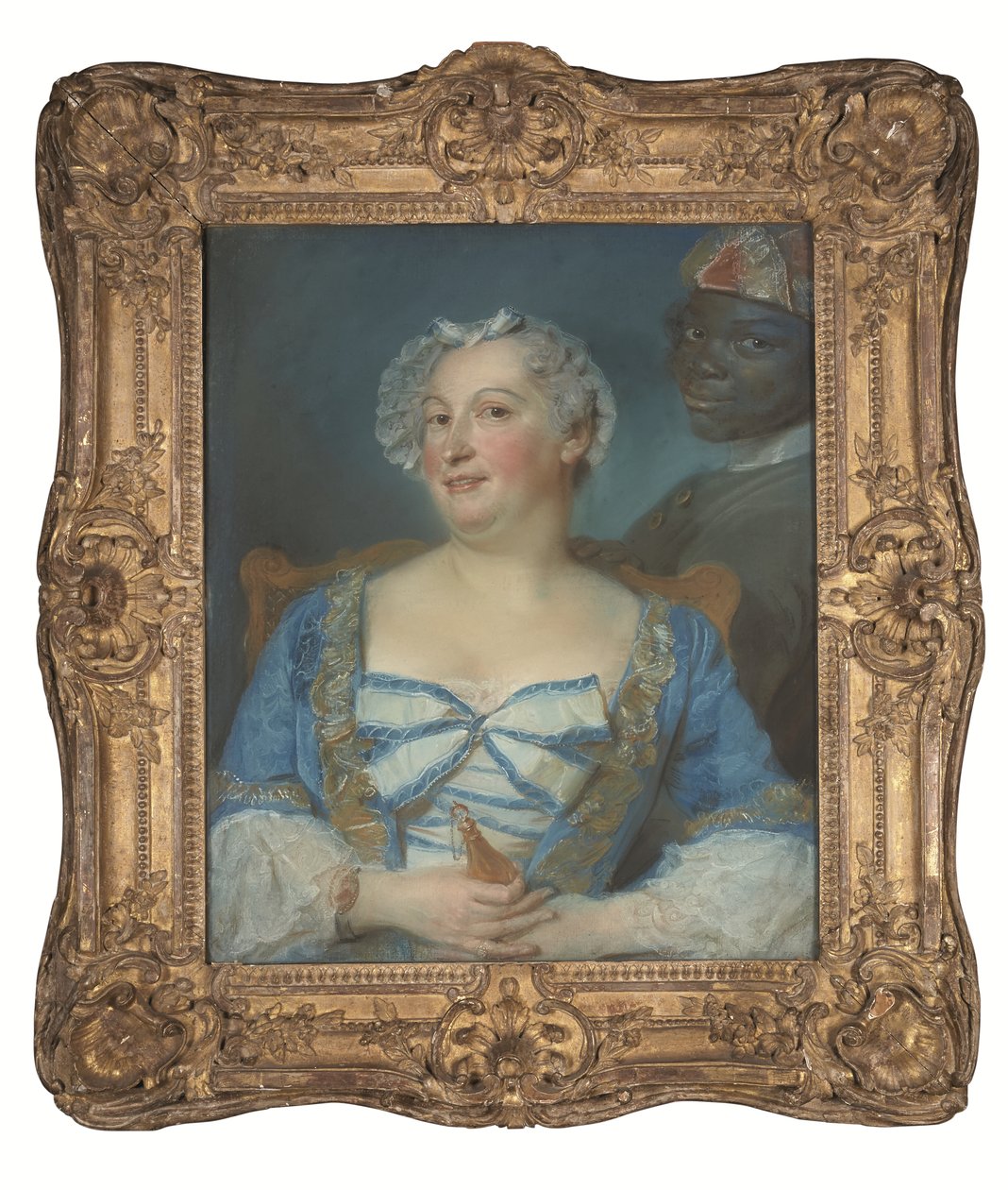 Portret van een vrouw in blauwe jurk en haar zwarte dienaar door Jean Baptiste Perronneau