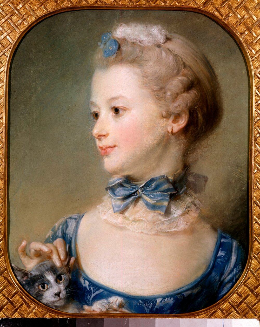 Portret van een klein meisje met een kat - Het jonge meisje heeft een lint en een lichte sluier om de hals met een knoop en streelt de kop van een kat met haar vingertoppen - Pastelschilderij door Jean-Baptiste Perroneau (Jean Baptiste Perronneau) (1715-17 door Jean Baptiste Perronneau