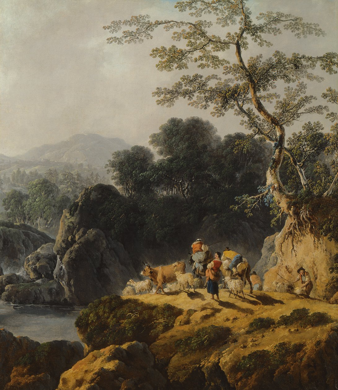 Een rivierdal landschap met herders en reizigers door Jean Baptiste Pillement