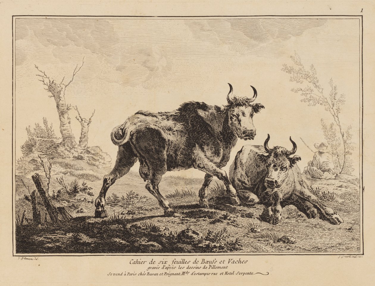 Cahier van Zes Bladen met Runderen en Koeien door Jean Baptiste Pillement