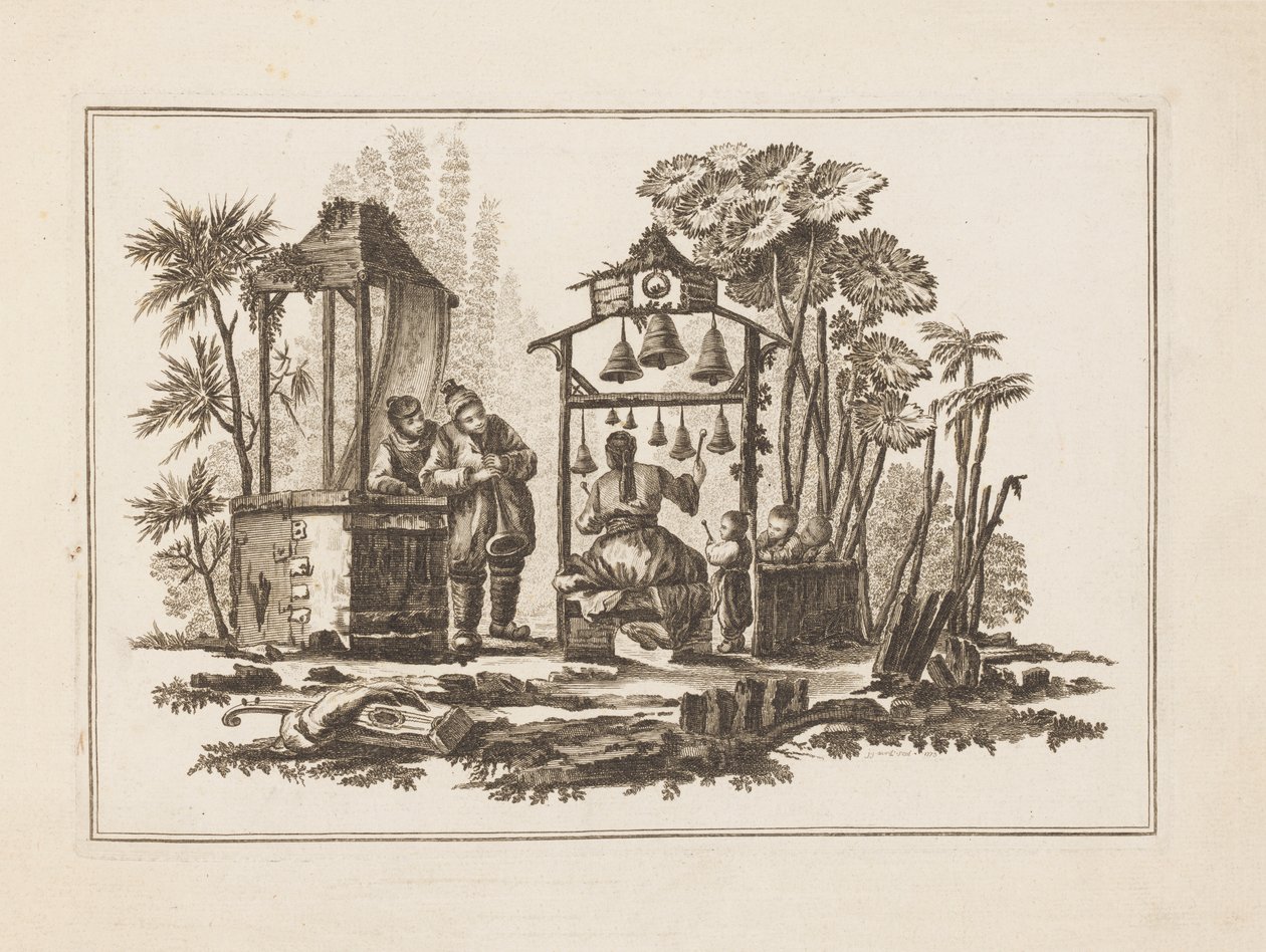 Figuur die Bellen Speelt, uit "Nouveau Cahier de Six Feuilles De Différents Sujets Chinois Historiés" door Jean Baptiste Pillement