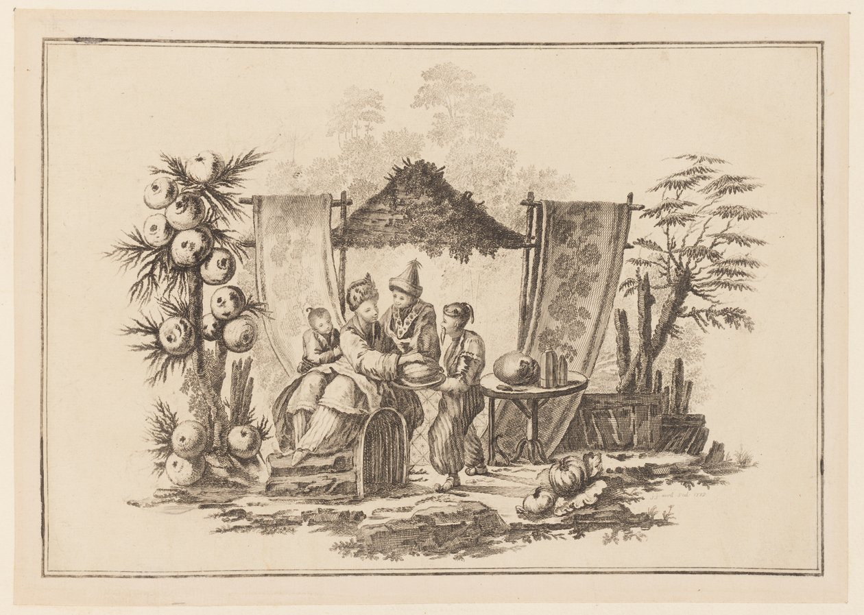Figuren met een Pompoen, uit "Nouveau Cahier de Six Feuilles De Différents Sujets Chinois Historiés" door Jean Baptiste Pillement