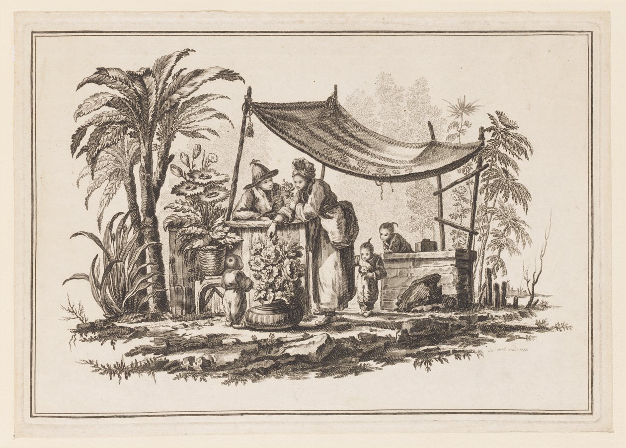 Figuren met een vaas bloemen, uit "Nouveau Cahier de Six Feuilles De Différents Sujets Chinois Historiés" door Jean Baptiste Pillement