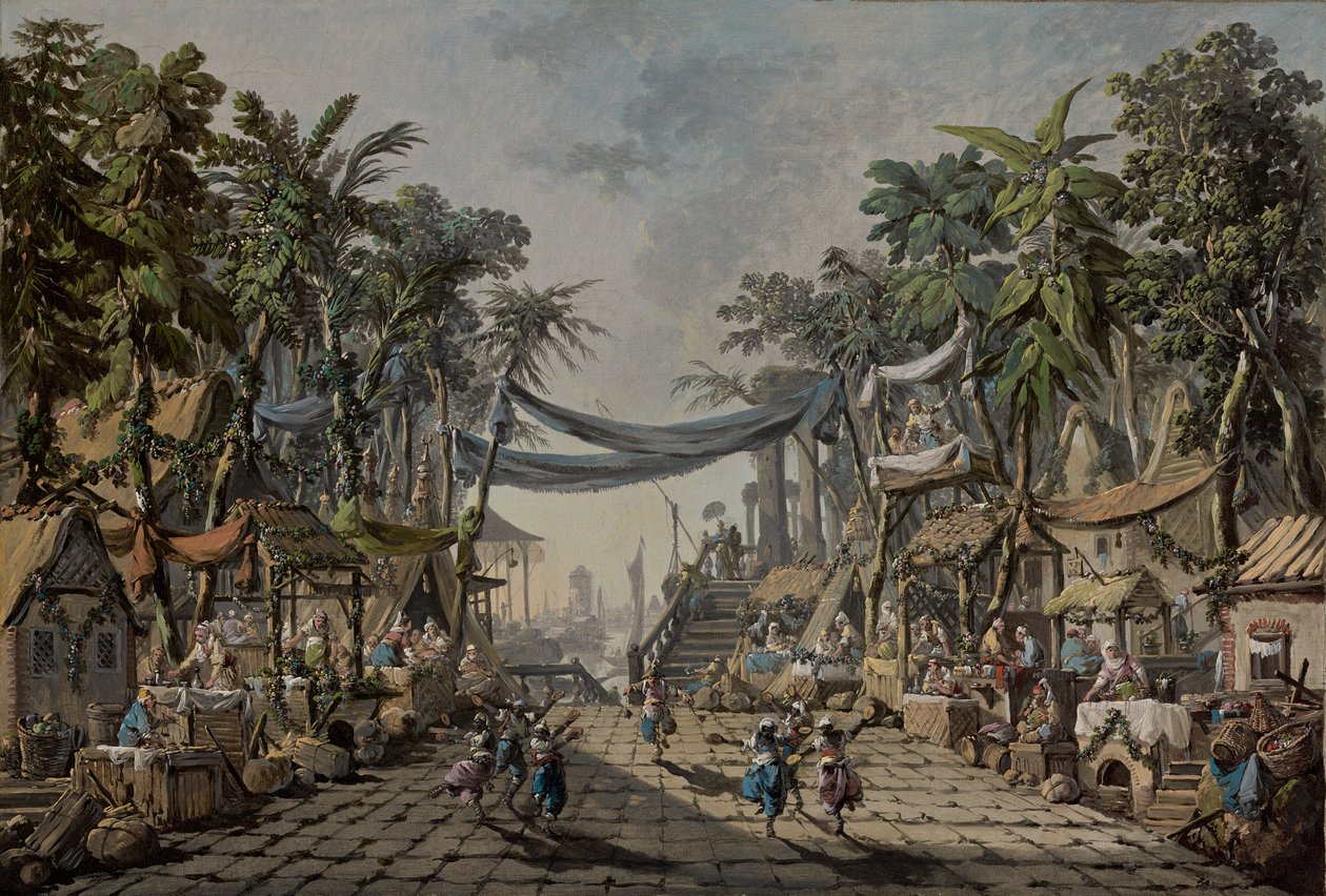 Marktscène in een denkbeeldige oosterse haven door Jean Baptiste Pillement