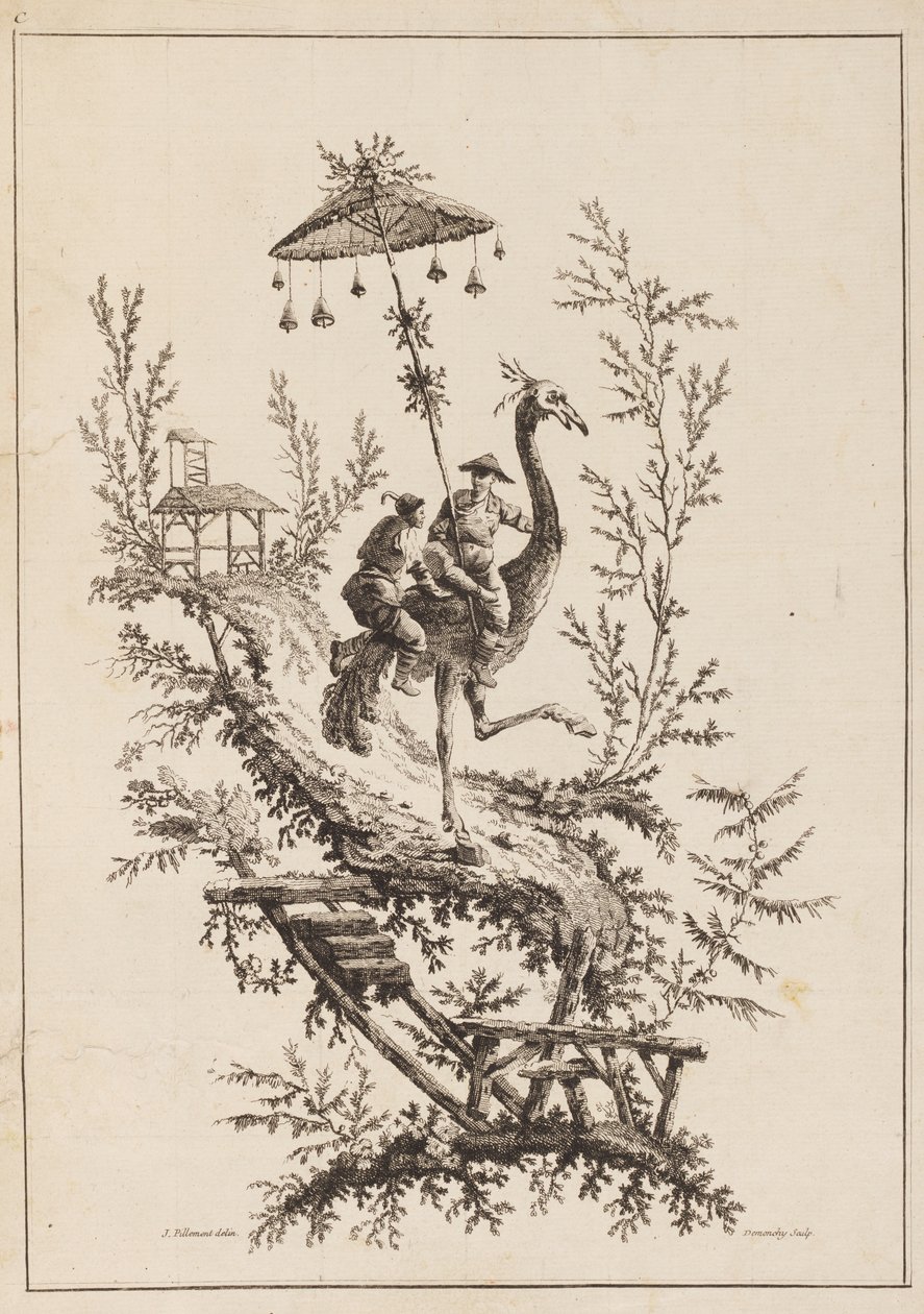 Struisvogelrijders, plaat uit een set van chinoiserie voorstellingen door Jean Baptiste Pillement