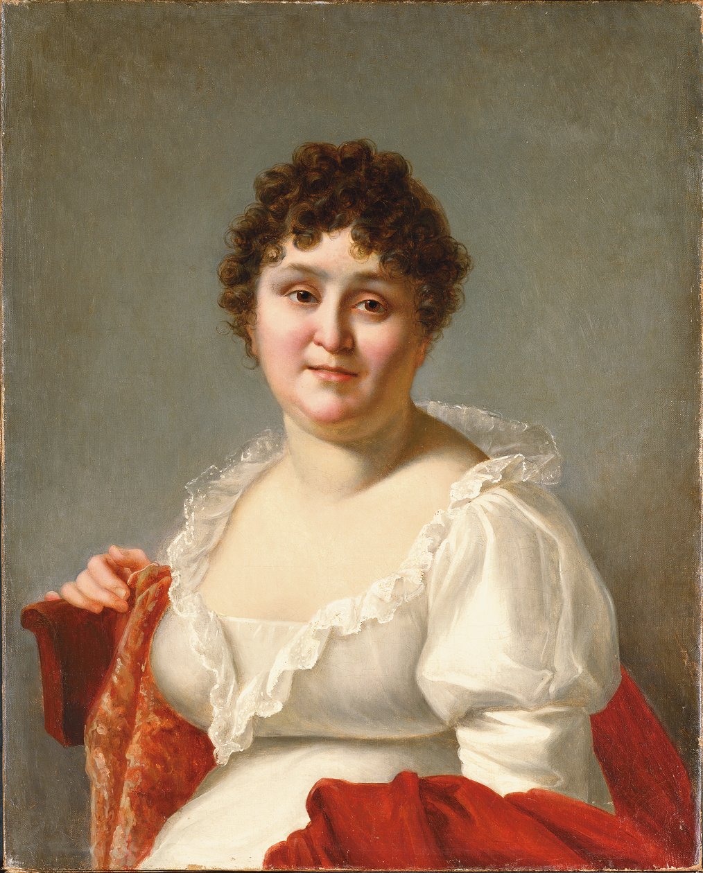 Portret van Madame Regnault, buste-lengte, in een witte jurk en persimmon sjaal door Jean Baptiste Regnault