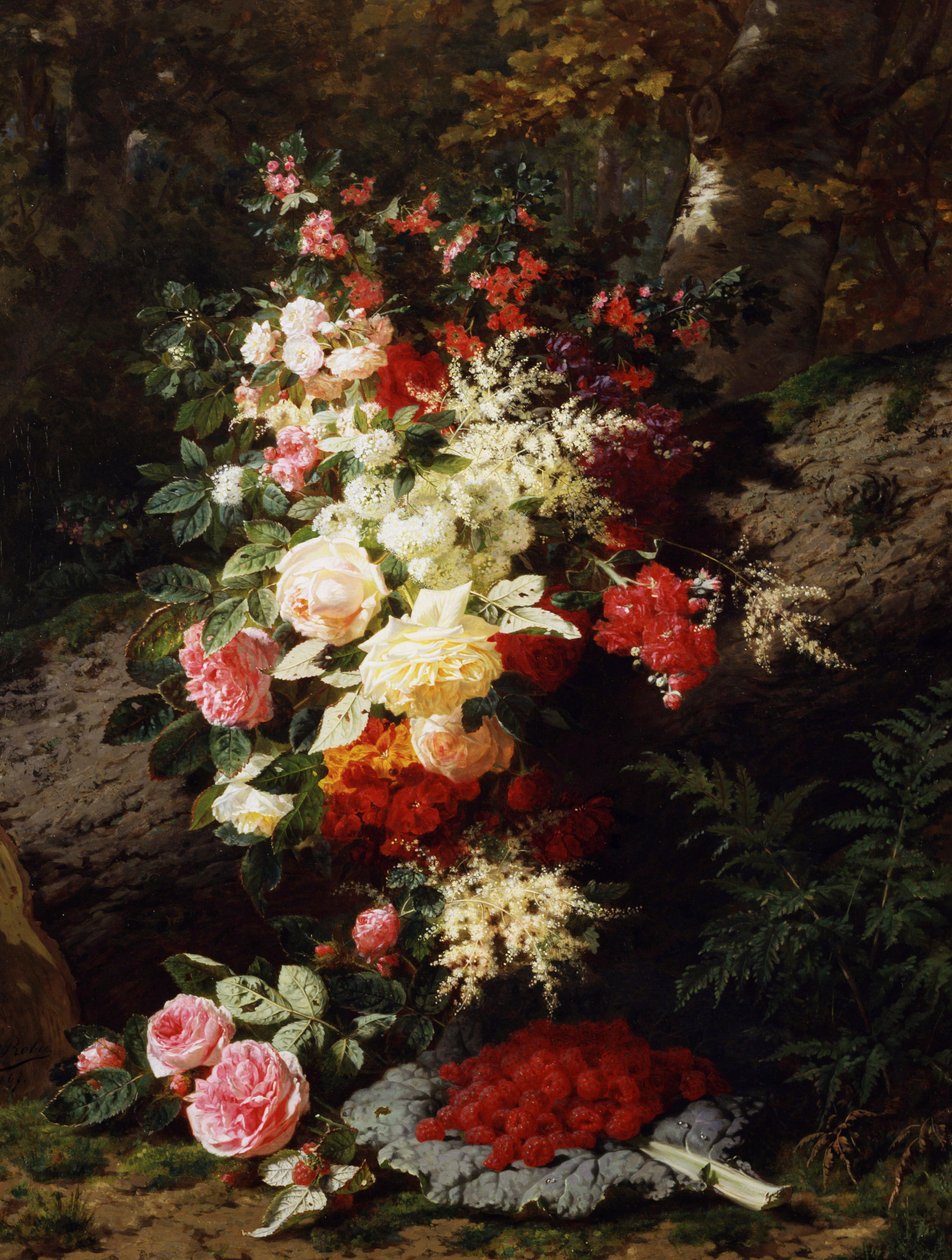 Stilleven met frambozen. Schilderij van Jean Baptiste Robie (1821-1910) Privécollectie. door Jean Baptiste Robie