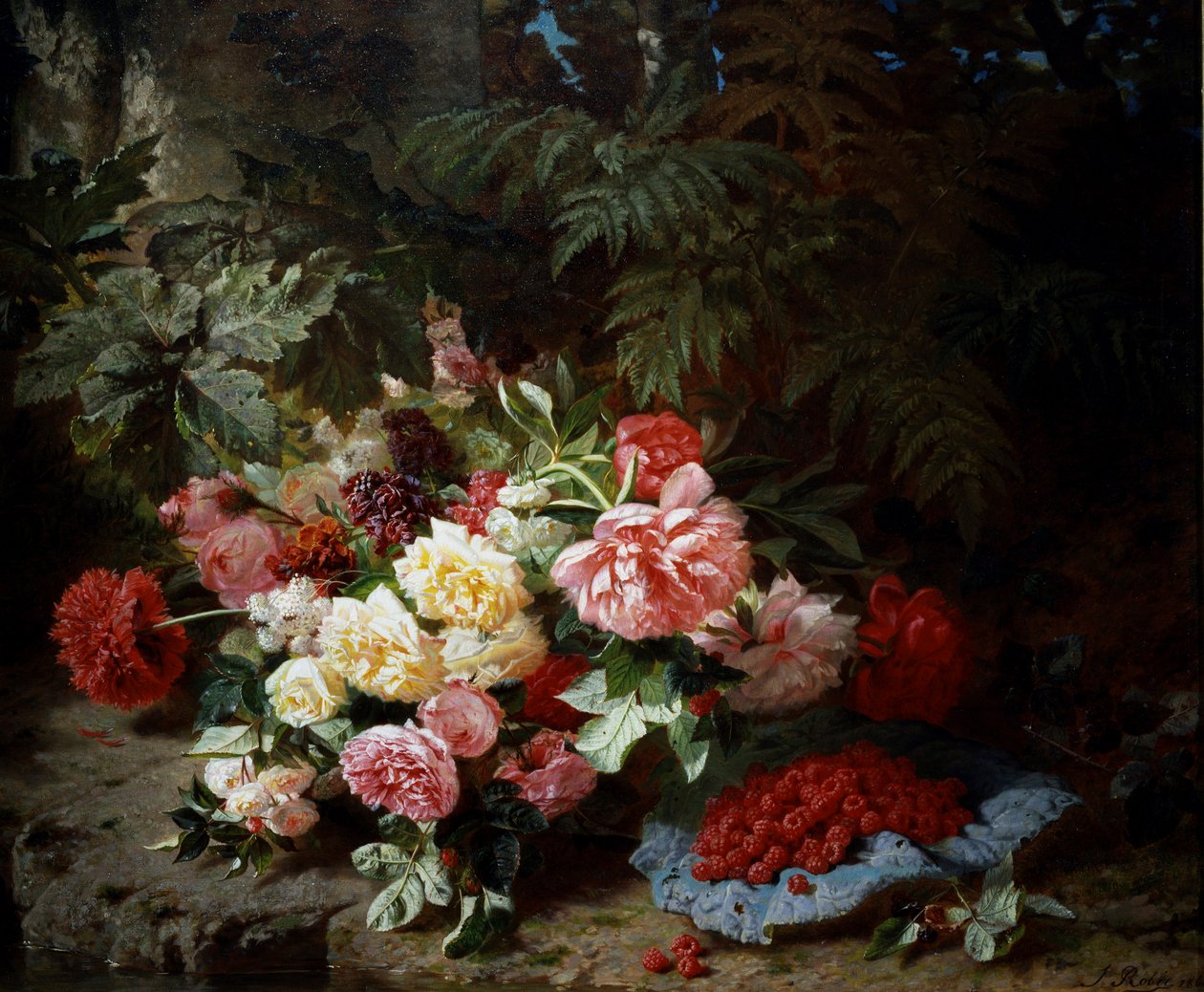 Stilleven van rozen en frambozen. Schilderij van Jean Baptiste Robie (1821-1910) Privécollectie. door Jean Baptiste Robie