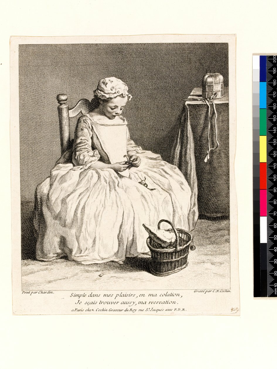 Klein meisje met haar lunch (La Petite Fille aux Cerises) gegraveerd door Charles Nicolas Cochin I (1688-1754) 1738 door Jean Baptiste Simeon (after) Chardin