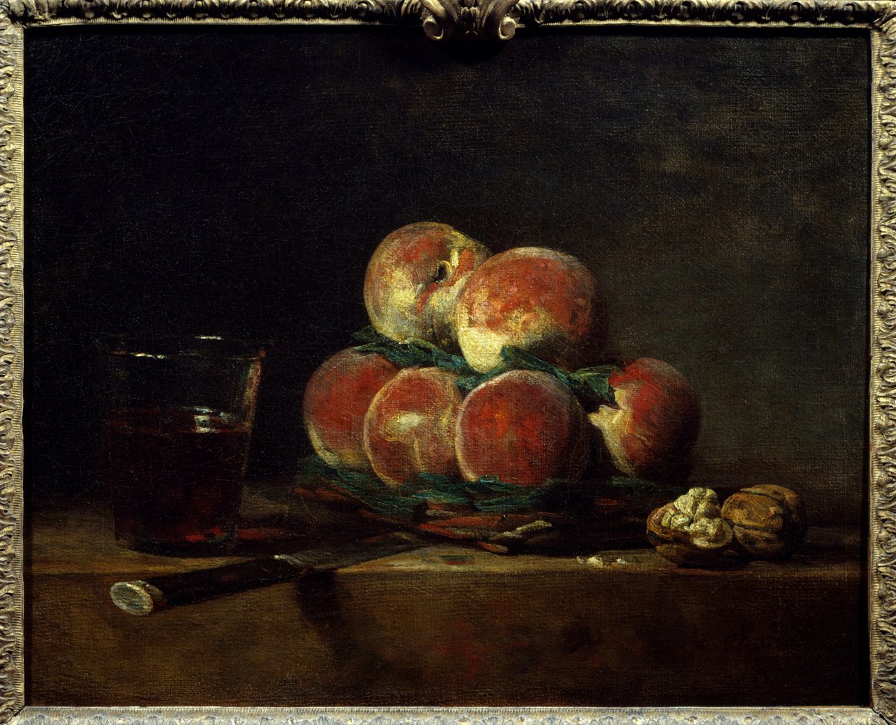 Mand met perziken, noten, mes en glas wijn door Jean Baptiste Simeon Chardin