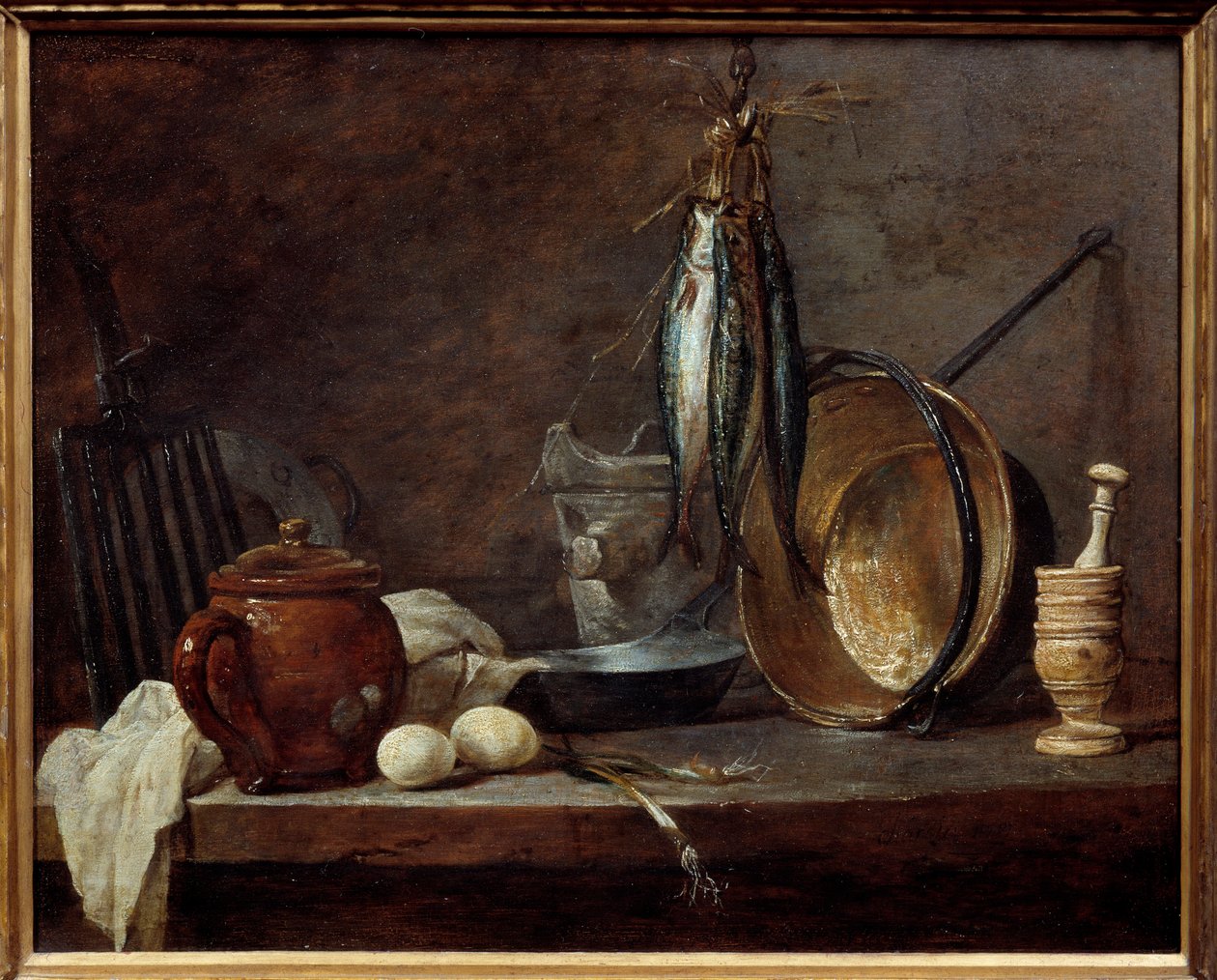 Menu van mager en keukengerei. Stilleven door Jean-Baptiste Simeon Chardin