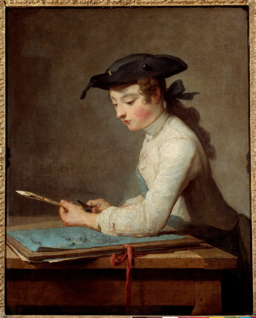 Jonge tekenaar die zijn potlood slijpt door Jean Baptiste Simeon Chardin