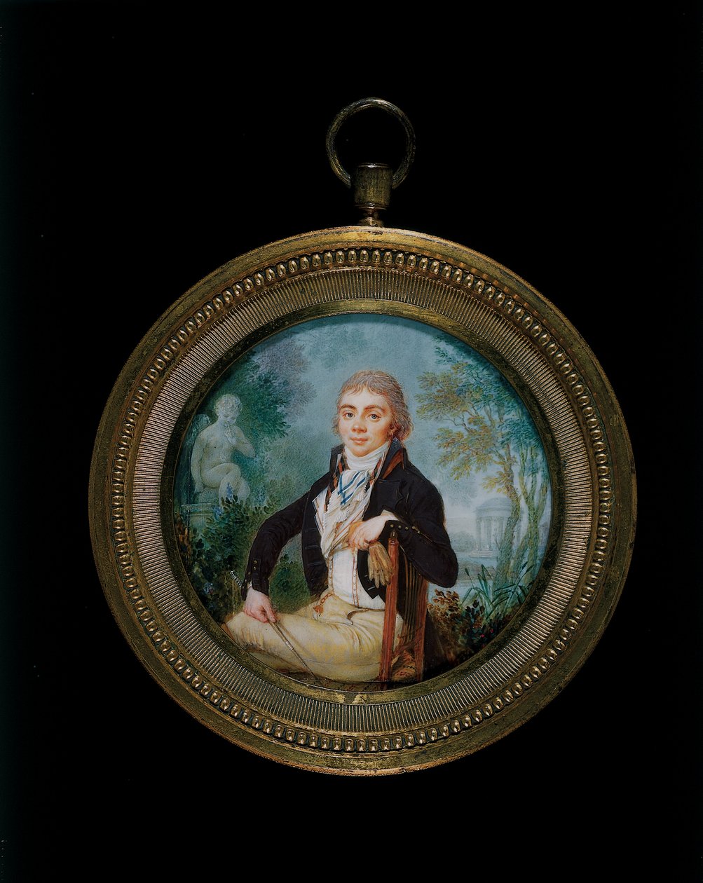 Portret Miniatuur van een jonge heer genaamd Mr Videl, zittend driekwart lengte door Jean Baptiste Soyer