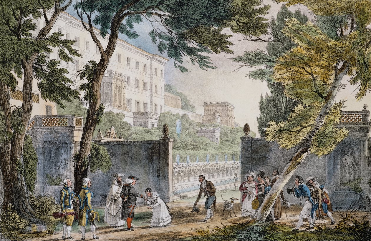 Een villa: ontmoetingsscène van de adel - gravure door Jean-Baptiste Thomas, circa 1820 door Jean Baptiste Thomas