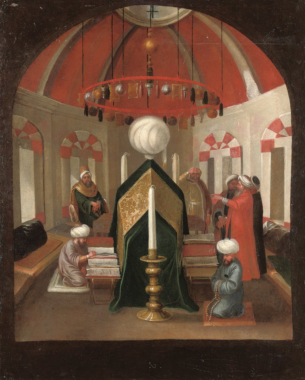 Een Turks mausoleum met figuren bij het graf van een sultan door Jean Baptiste Vanmour