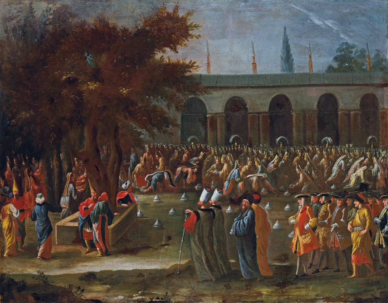 De Nederlandse ambassadeur met zijn gevolg ontvangen door Sultan Ahmed III in het Topkapi Paleis, Istanbul door Jean Baptiste Vanmour