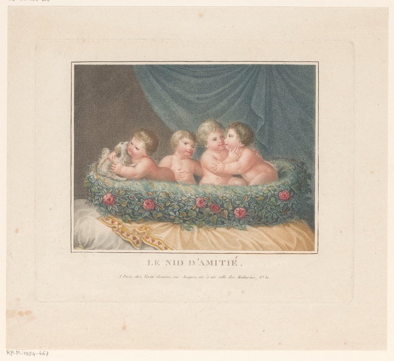 Vier putti met een hond in een mand van rozen op een kussen door Jean Baptiste Verite