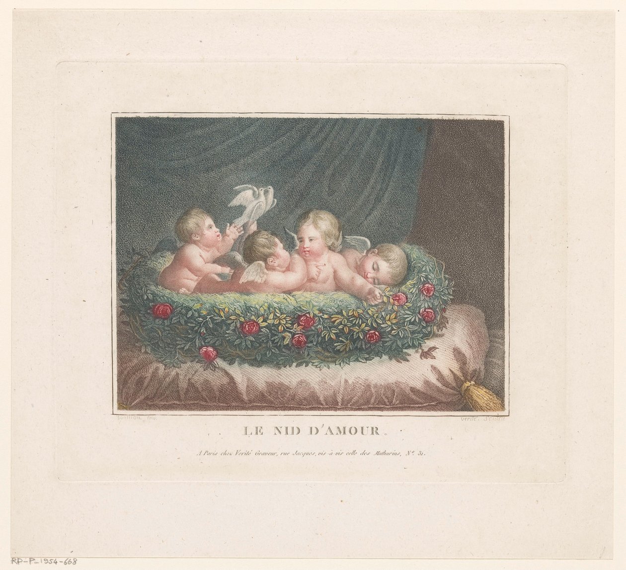 Vier putti met twee duiven in een mandje van rozen op een kussen door Jean Baptiste Verite