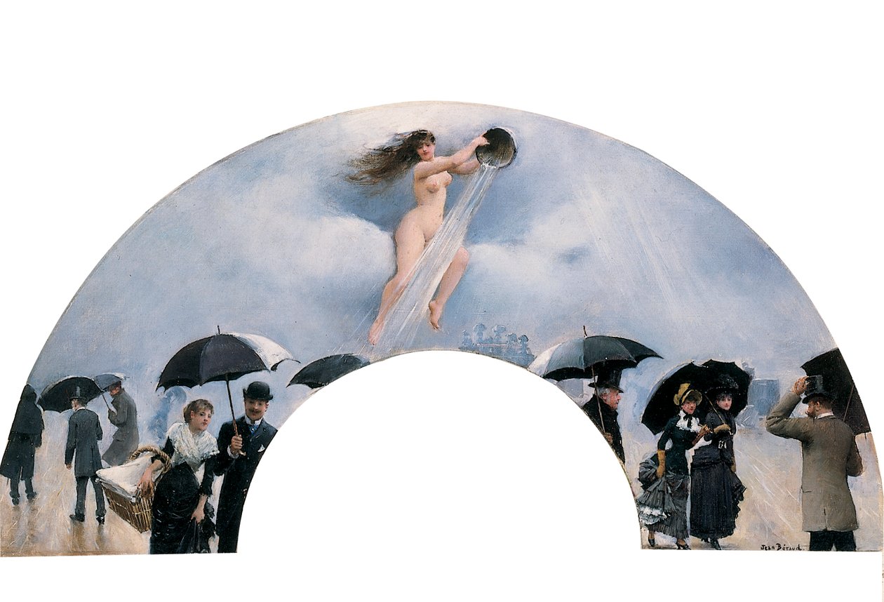 Een allegorie van regen, geschilderd als waaier door Jean Beraud
