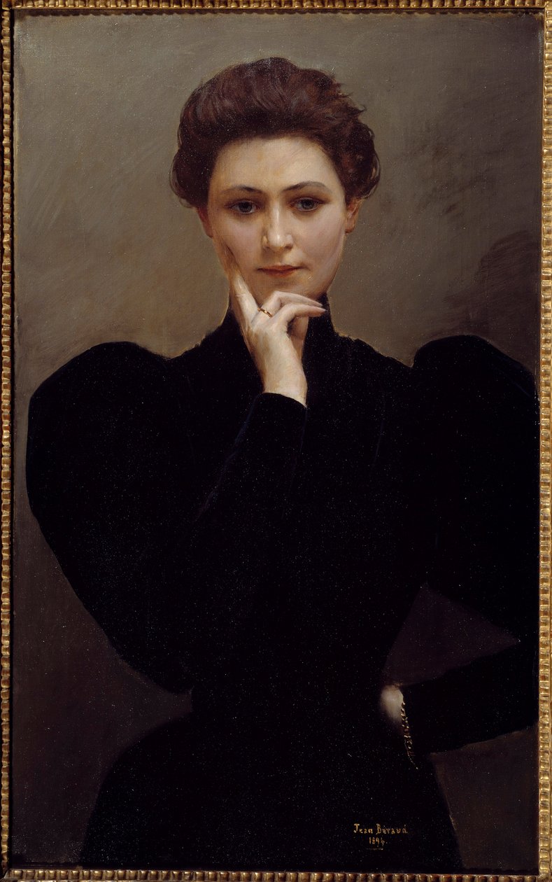 Meditatie Een peinzende jonge vrouw gekleed in Belle Epoque mode door Jean Beraud