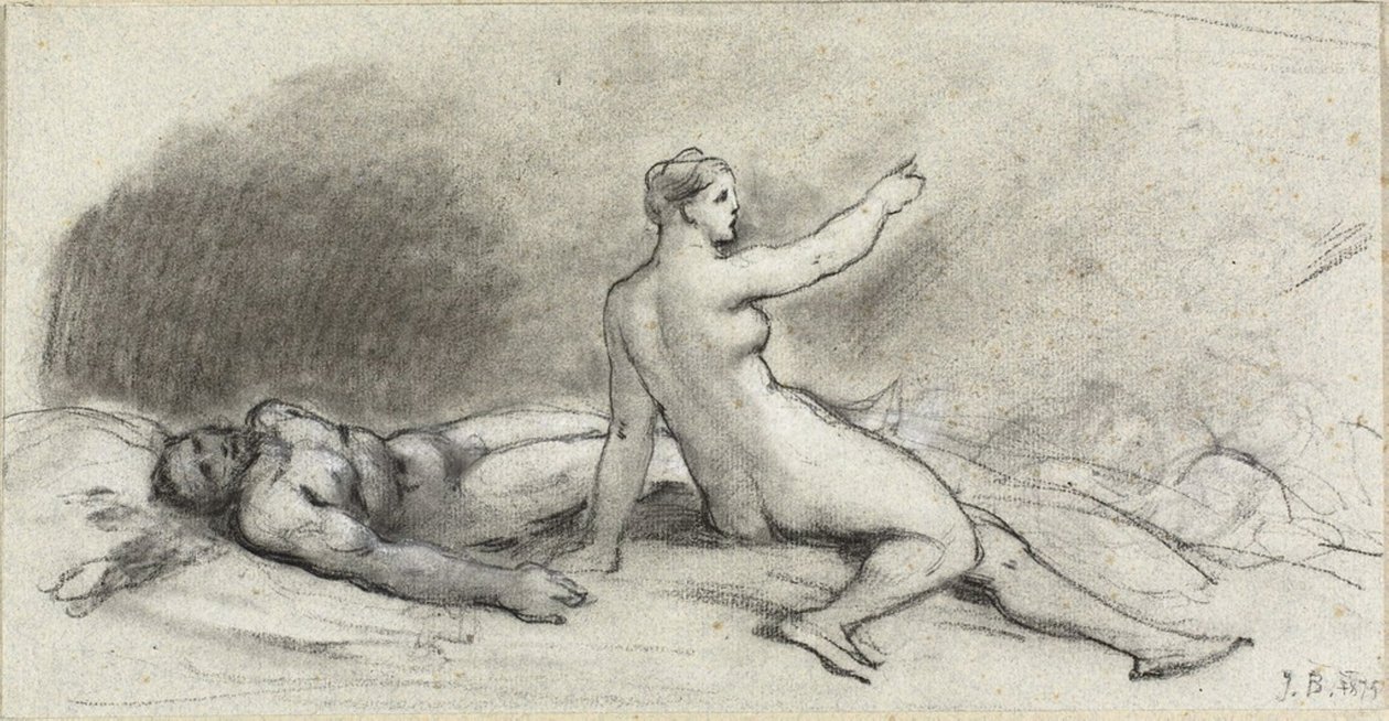 Naakte vrouw zittend met slapende naakte man (recto); vrouwelijk torso van achteren gezien (verso) door Jean Beraud