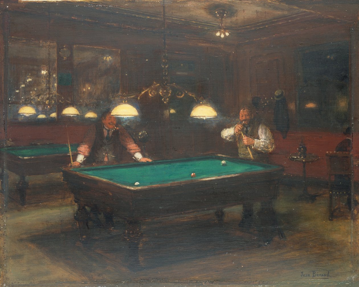 De biljartspelers (olieverf op board) door Jean Beraud