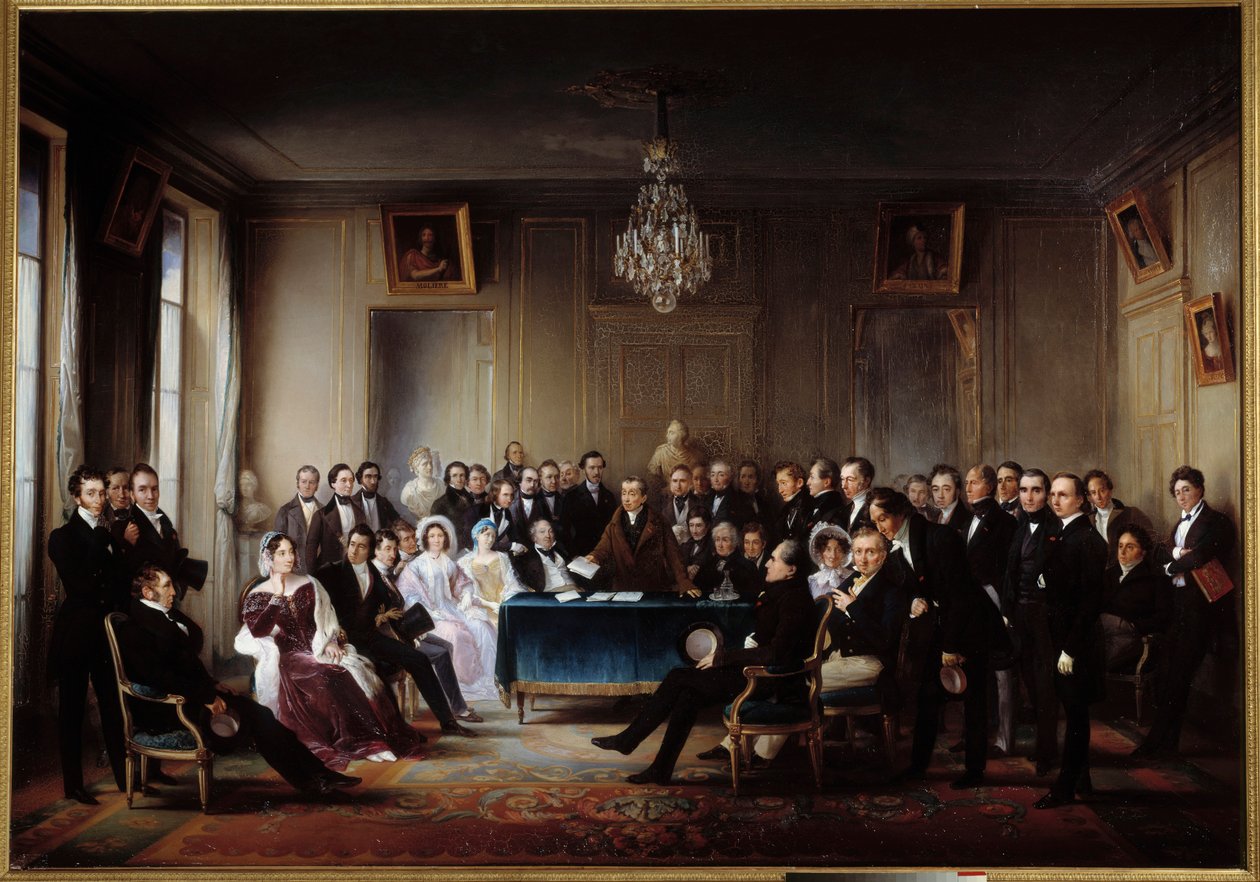 De dichter en toneelschrijver Francois Guillaume Andrieux leest zijn tragedie Junius Brutus in de foyer van de Comedie Francaise op 26/05/1828. Onder de aanwezigen Alexandre Dumas, Pierre Nicolas Michelot, Jean Francois Becquerel, Firmin, Victor Hugo, Euge door Jean Beraud
