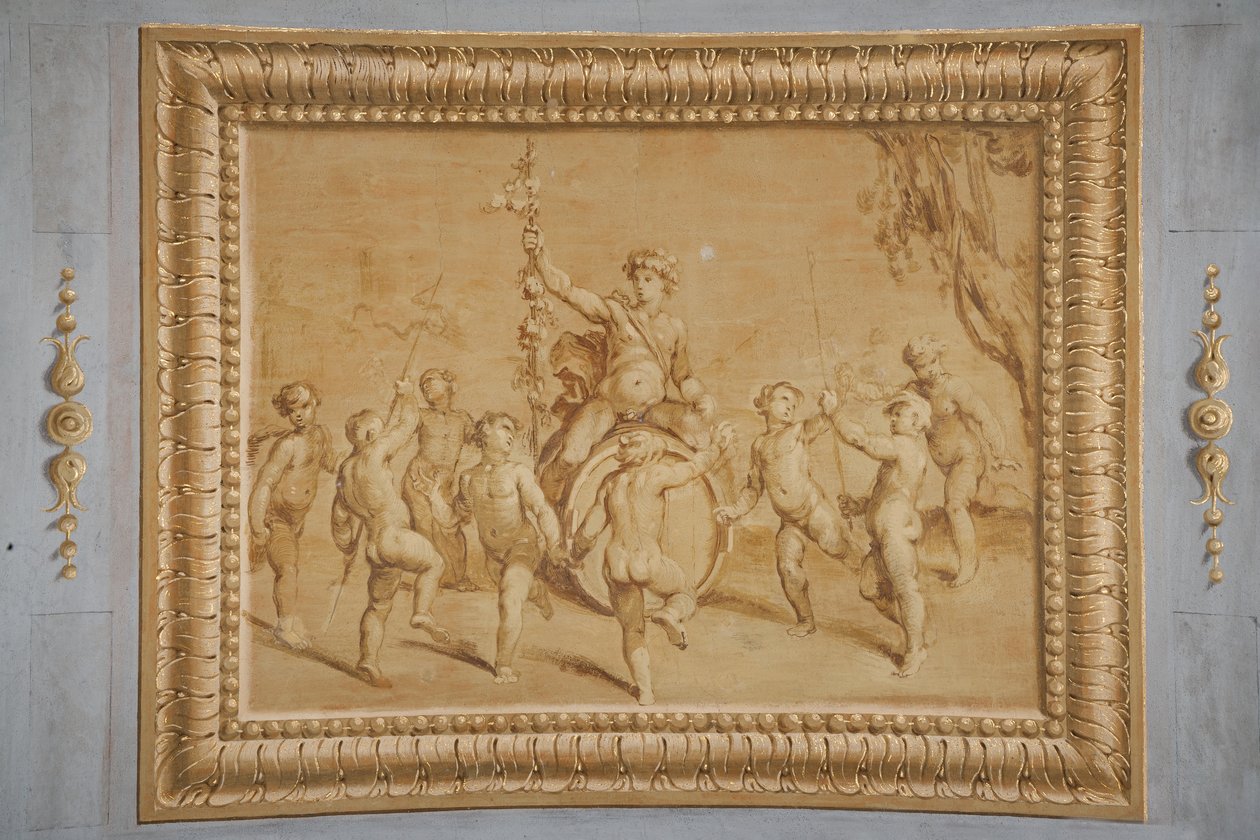Nep verguld reliëf, met Bacchus op een vat, omringd door dansende cherubijnen door Jean Boulanger