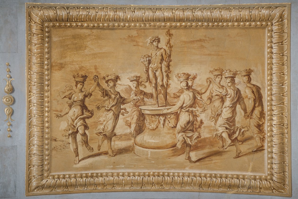 Faux verguld reliëf, met Bacchus geplaatst op een cirkelvormig voetstuk versierd met festoenen en bucrania, en omringd door dansende kanephors door Jean Boulanger