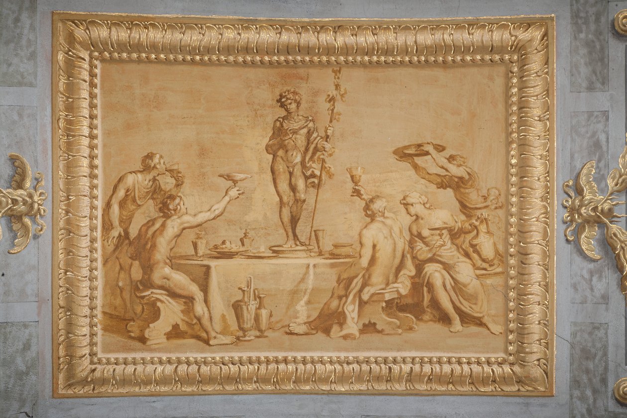 Nep verguld reliëf, met het standbeeld van Bacchus omringd door enkele aanbieders die wijnglazen heffen door Jean Boulanger