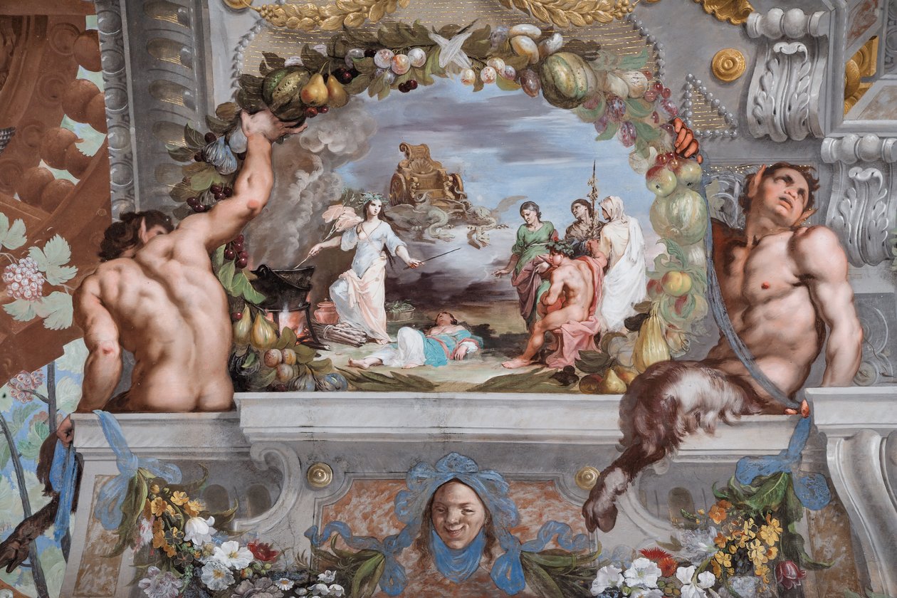Medea, voor een drievoet, verjongt de voedsters van Bacchus geplaatst voor de tovenares in gezelschap van de god door Jean Boulanger