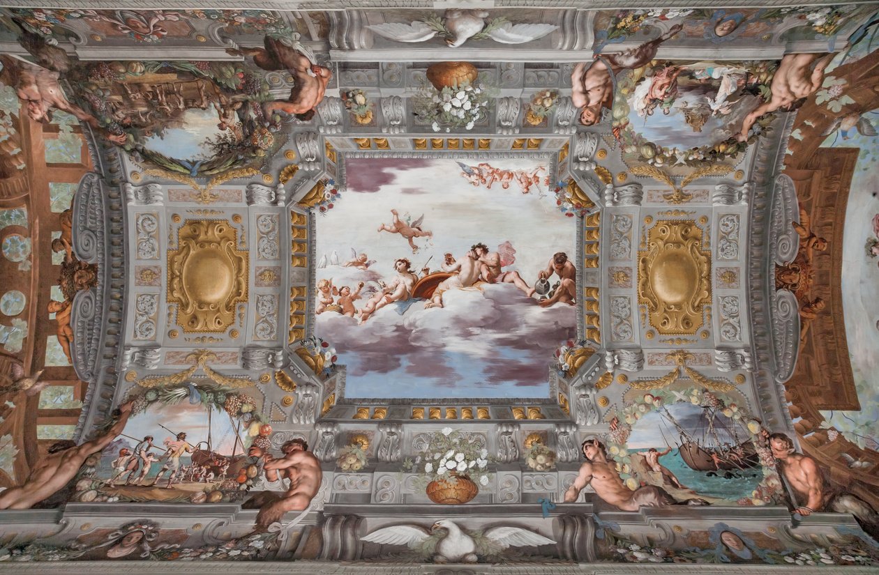 Huwelijksbanket. Op de wolken zitten Bacchus, Ariadne en Venus met een figuur die wijn inschenkt aan een ronde tafel. De andere goden kijken van een afstand toe. door Jean Boulanger