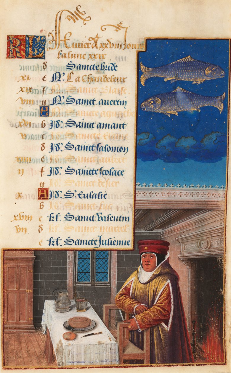 Getijdenboek van Lodewijk XII (voorheen Getijdenboek van Hendrik VII), Kalenderblad voor de maand februari door Jean Bourdichon