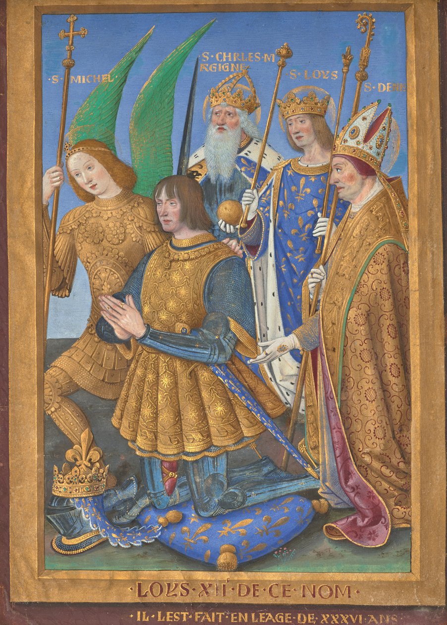Lodewijk XII van Frankrijk knielend in gebed, vergezeld door de heiligen Michael, Karel de Grote, Lodewijk en Denis door Jean Bourdichon