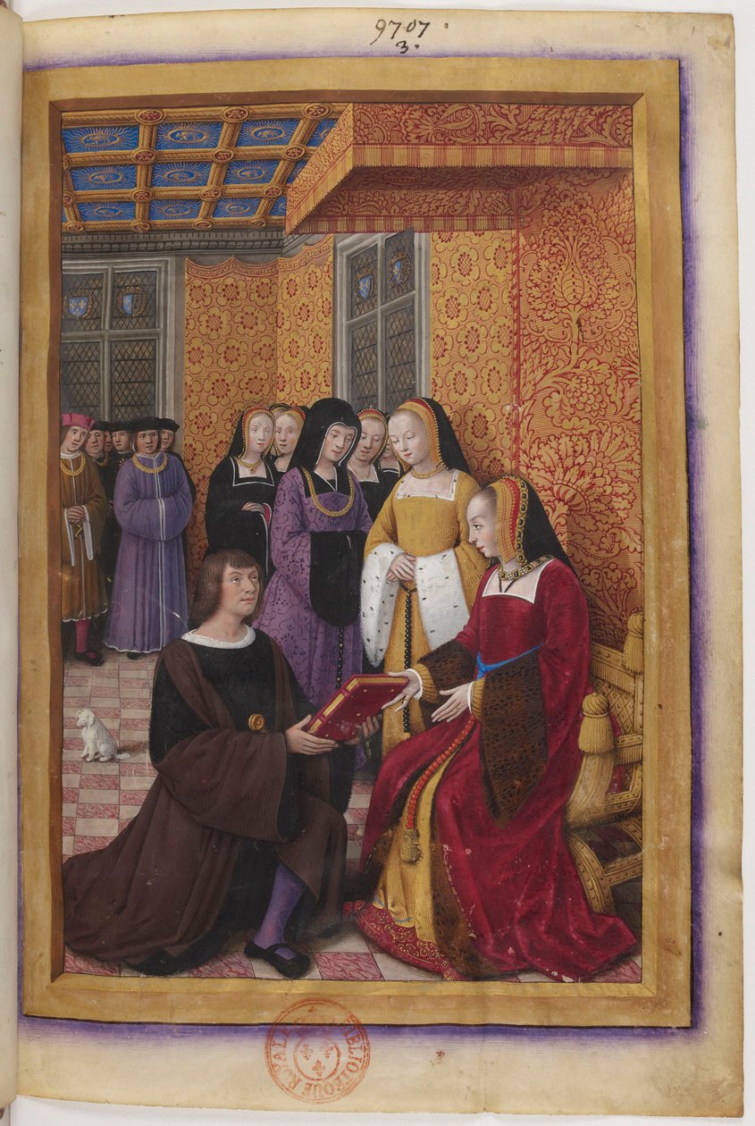 Miniatuuropdracht van de Voyage de Gênes: Jean Marot presenteert zijn werk aan Anne van Bretagne door Jean Bourdichon