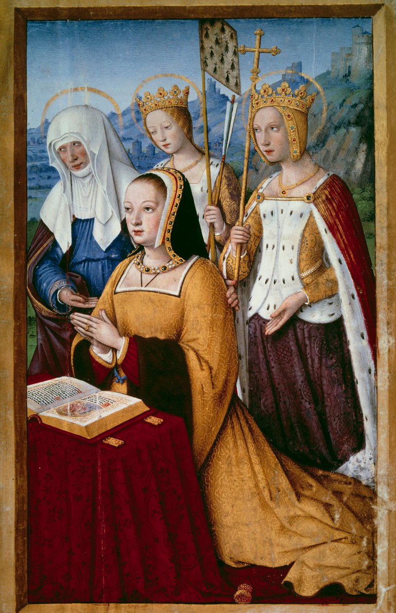 Portret van Anne van Bretagne (1477-1514), koningin van Frankrijk, in gebed met haar heilige patroonheilige Sint-Anne, Sint-Helena en Sint-Ursule. Miniatuur uit 