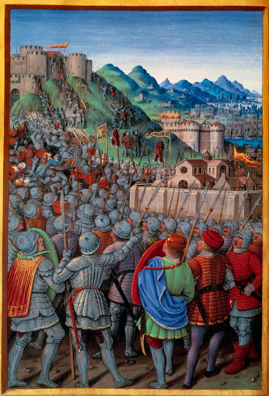De Genuezen vielen de Castellacio de Genes aan, bewaakt door de Fransen (12 maart 1507). Miniatuur door Jean Bourdichon (1457? - 1521) in “Voyage de Genes” (Folio 20v) geschreven door Jean Marot, ca. 1508. Parijs, NL door Jean Bourdichon