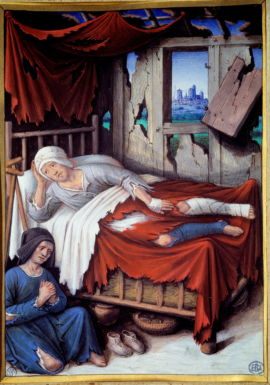 De dood van een arme man. Een vrouw bidt aan het bed van een stervende man door Jean Bourdichon