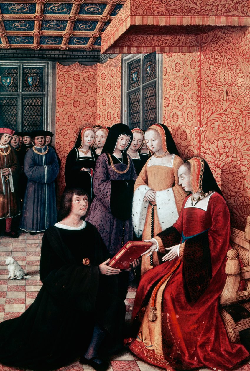 De dichter Jean Marot (1450-1526) overhandigt zijn werk Voyage to Genoa aan Anne van Bretagne (1477-1514), ca. 1508, miniatuur door Jean Bourdichon (1457-1521), Frankrijk door Jean Bourdichon