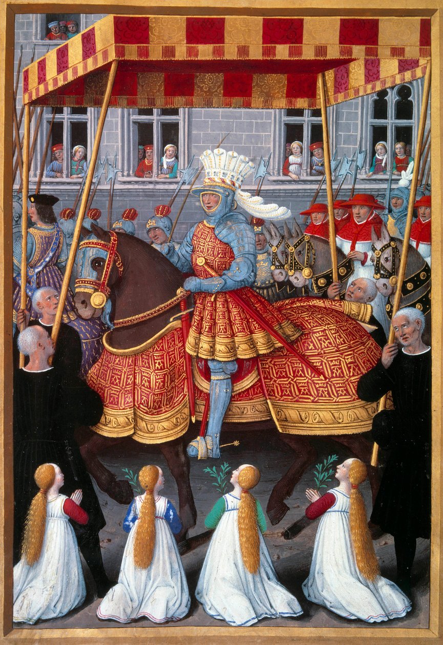 De triomfantelijke intocht van koning Lodewijk XII in Genua in april 1507. Miniatuur uit "Le voyage a Genes" door Jean Marot, verlucht door Jean Bourdichon 1508. Parijs, B.N. door Jean Bourdichon