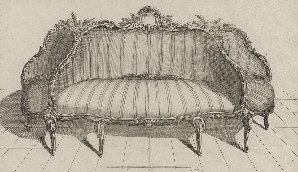 Canapé à Jouë dans le gout Pictoresque, gepubliceerd midden jaren 1770 (gravure op geschept papier) door Jean Charles (after) Delafosse
