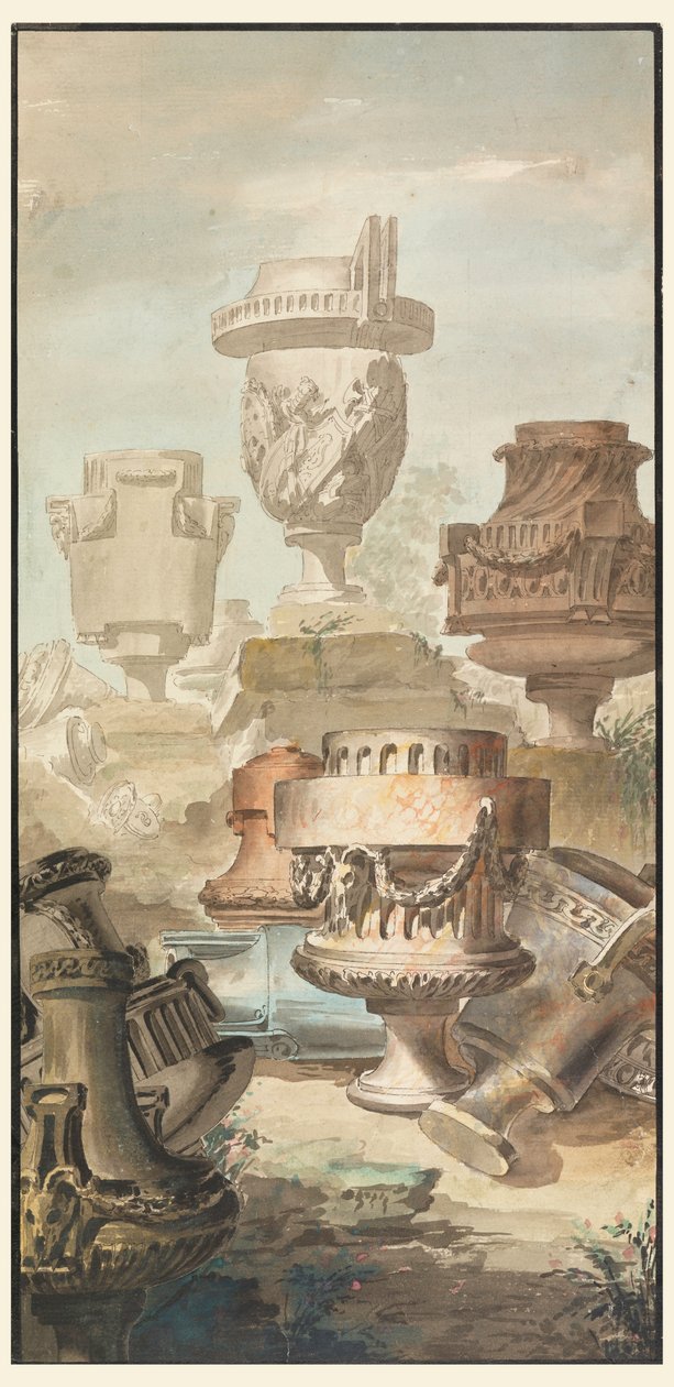 Tekening, Ruïne Fantasie: Vazen en Urnen, 1770 door Jean Charles Delafosse