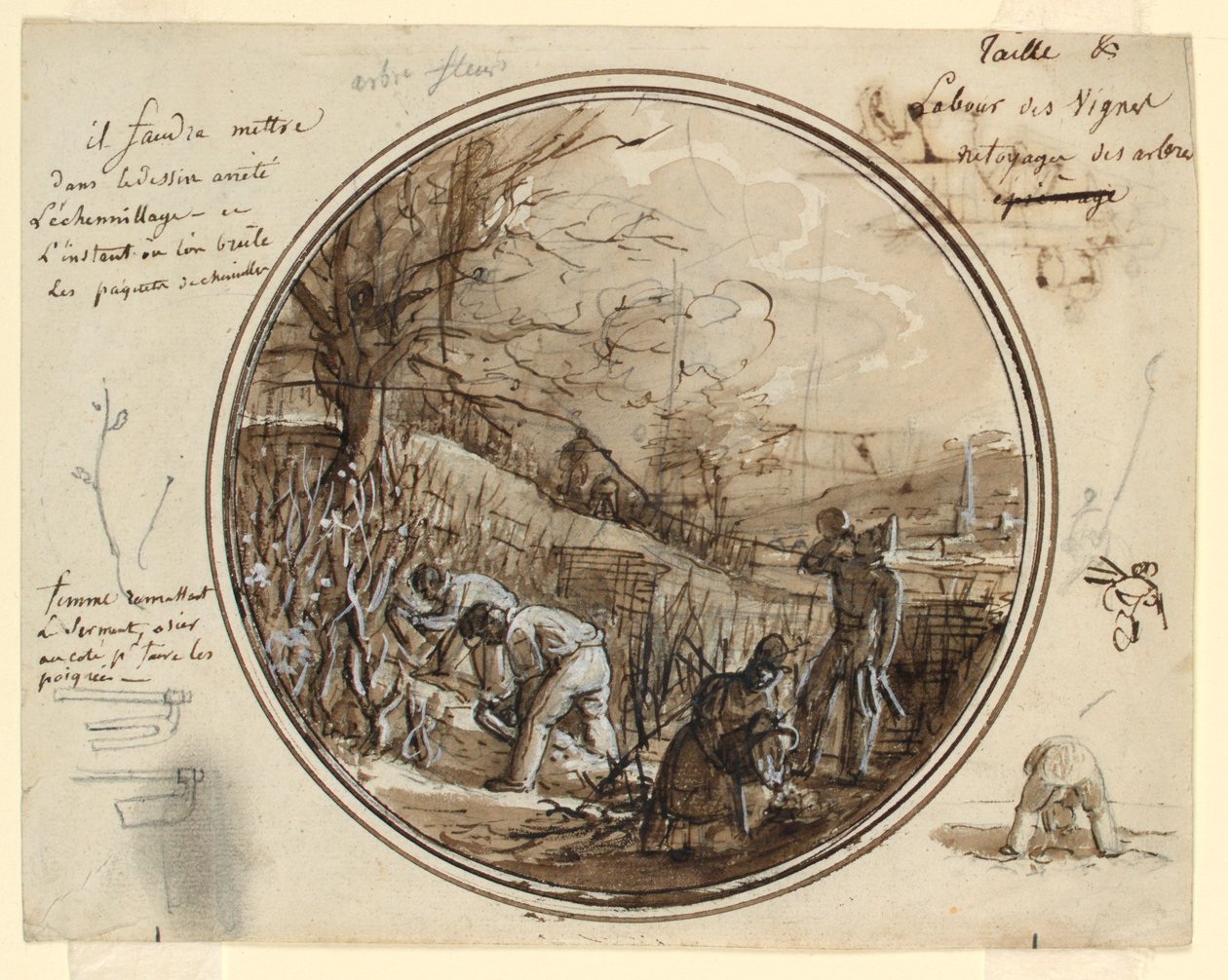 Ontwerp voor een Geschilderd Porseleinen Bord, Snijden en Werken in de Wijngaard door Jean Charles Develly