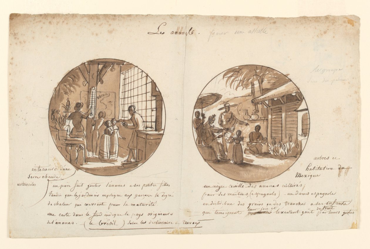 Ontwerpen voor Geschilderde Porseleinen Borden, Les Ananas (Ananassen) van de Service des Objets de Dessert (Dessertservice) door Jean Charles Develly