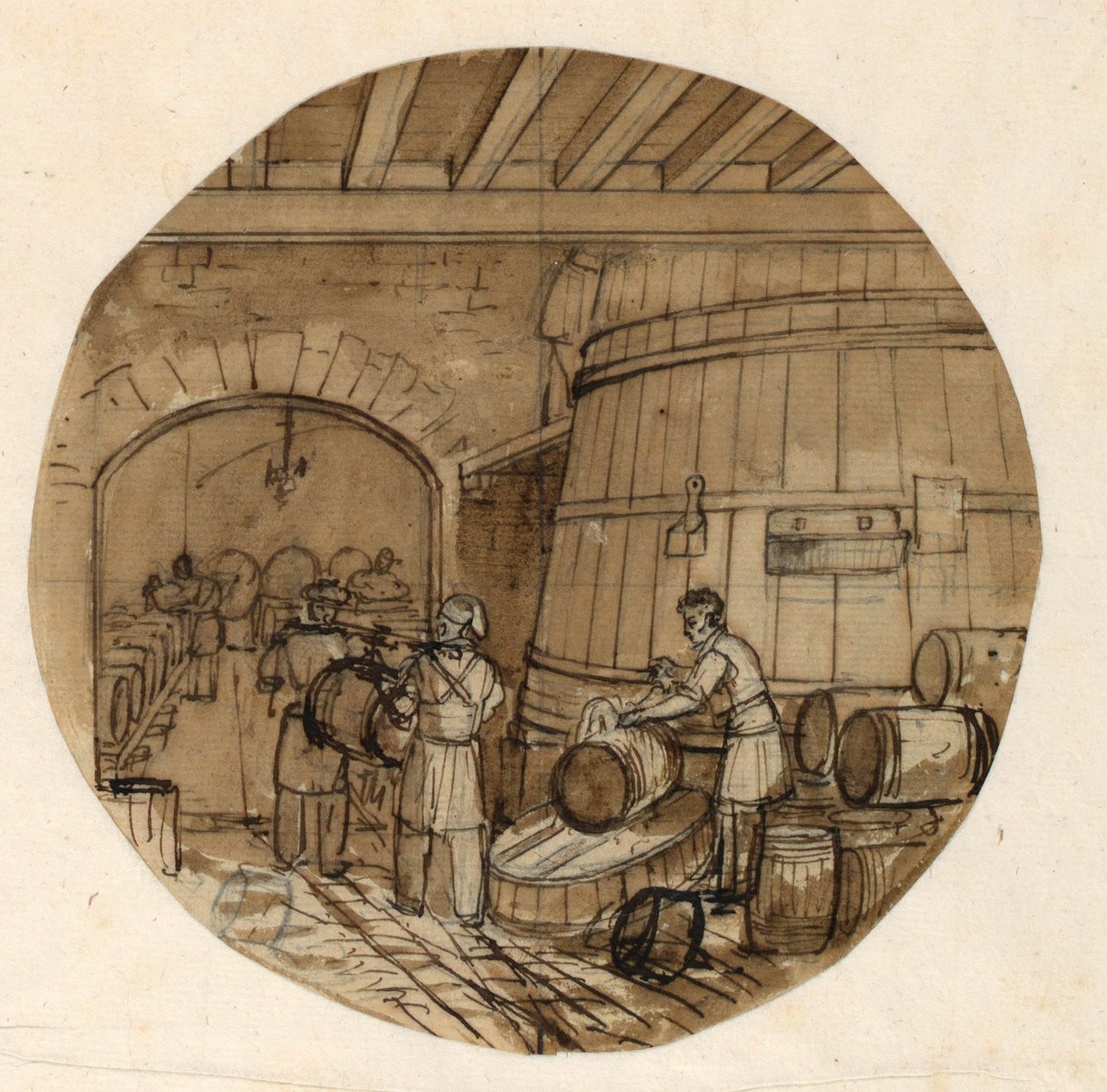 Tekening, ontwerp voor een beschilderd porseleinen bord, interieur van een wijnstokerij, 1831-44 door Jean Charles Develly