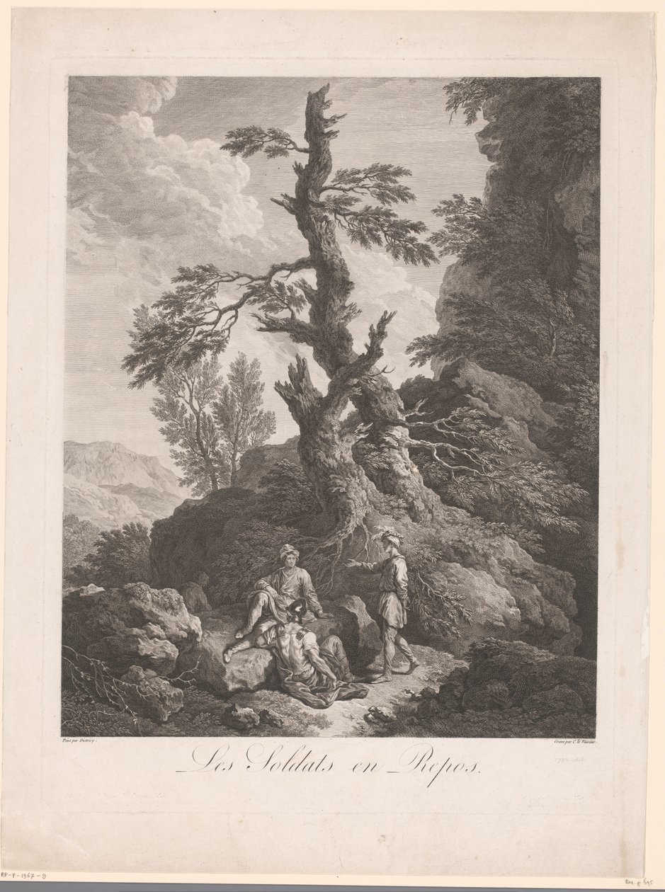Rustende soldaten voor een boom in een rotsachtig landschap door Jean Charles Levasseur