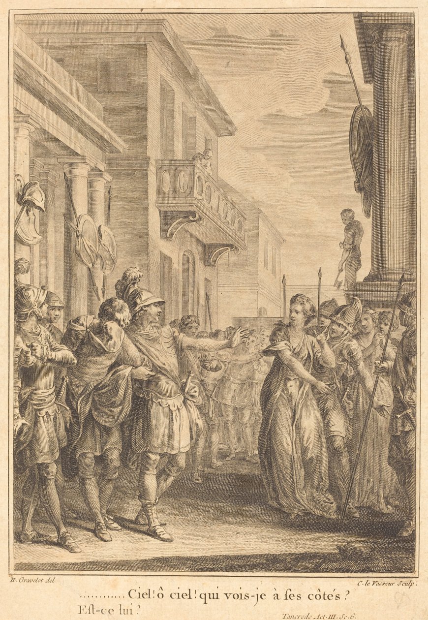 Hemel! O hemel! wie zie ik naast hem? door Jean Charles Levasseur after Hubert François Gravelot