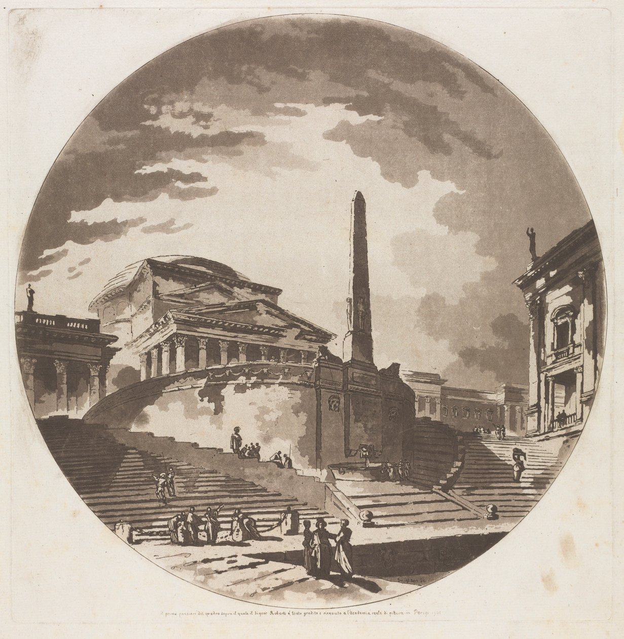 Uitzicht op de Rotunda met trappen aan de Tiber, 1766 door Jean Claude Richard de Saint Non